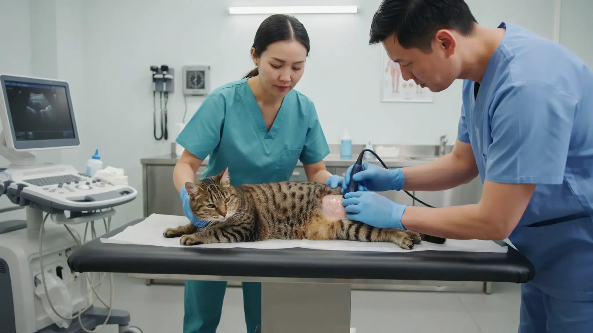 Two veterinarians perform an abdominal ultrasound on a tabby cat lying on an exam table to check for internal tumors