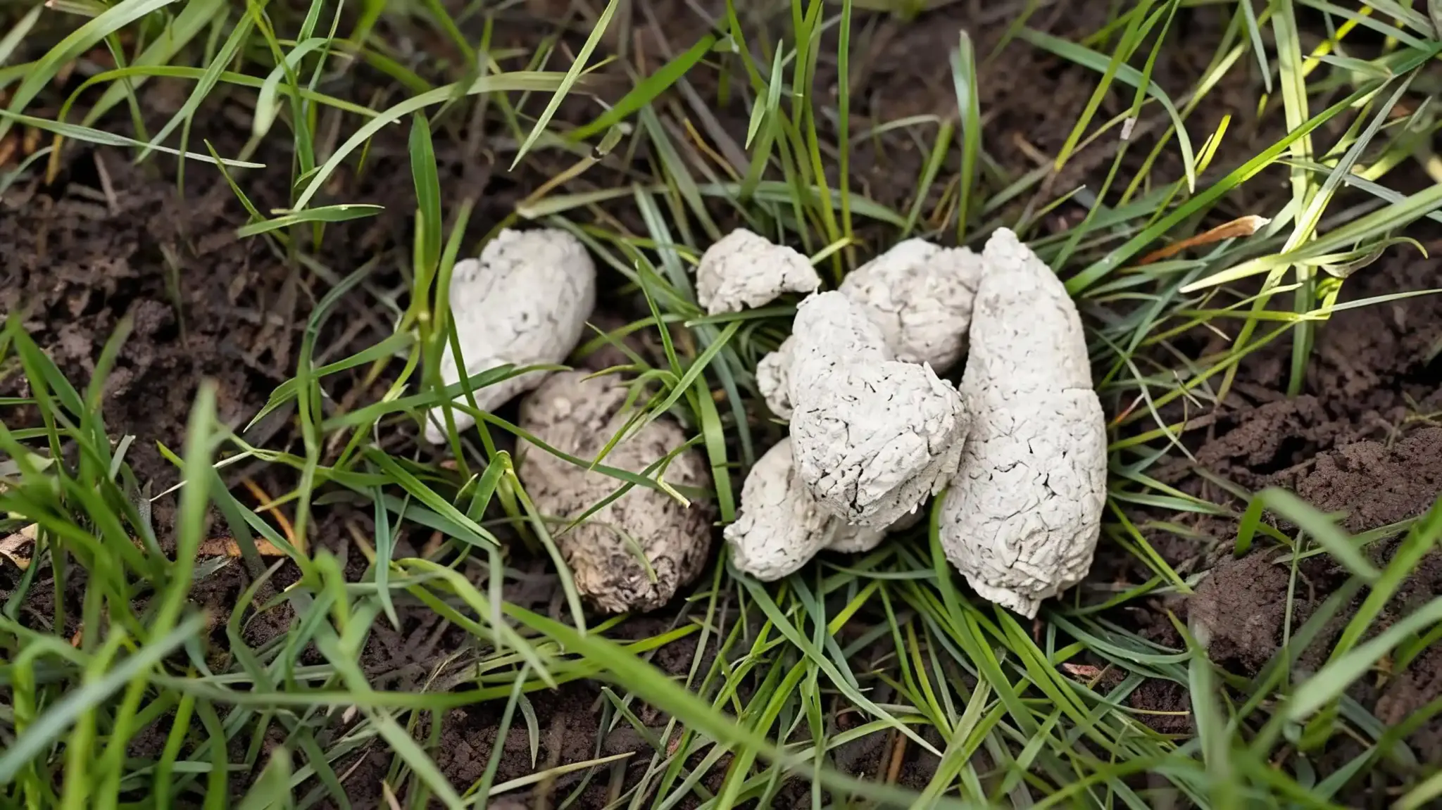 close up view of dried white dog poop on grass showing chalky mineral appearance
