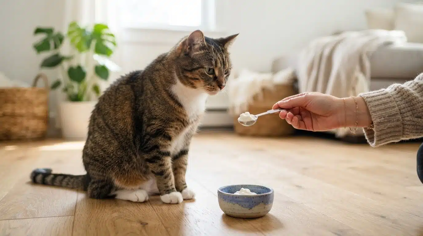 healthy cat beside a small bowl of plain yogurt showing a safe portion size for occasional feeding