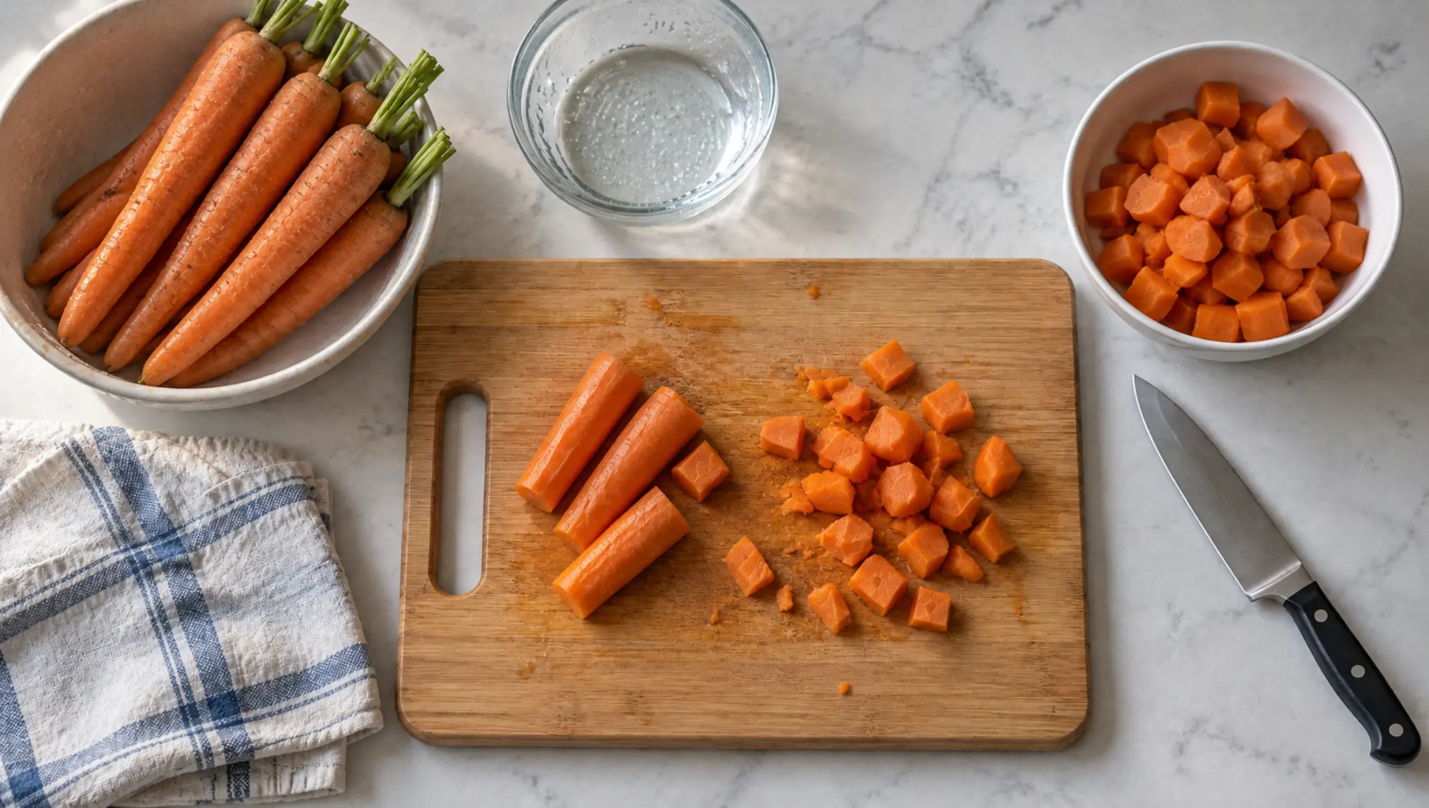 washed carrots cut into small dog safe pieces beside a bowl of plain softly cooked carrots