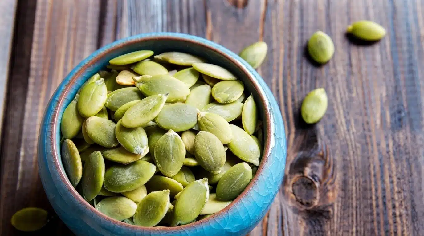 green pumpkin seeds in a blue ceramic bowl with several seeds scattered on a wooden table