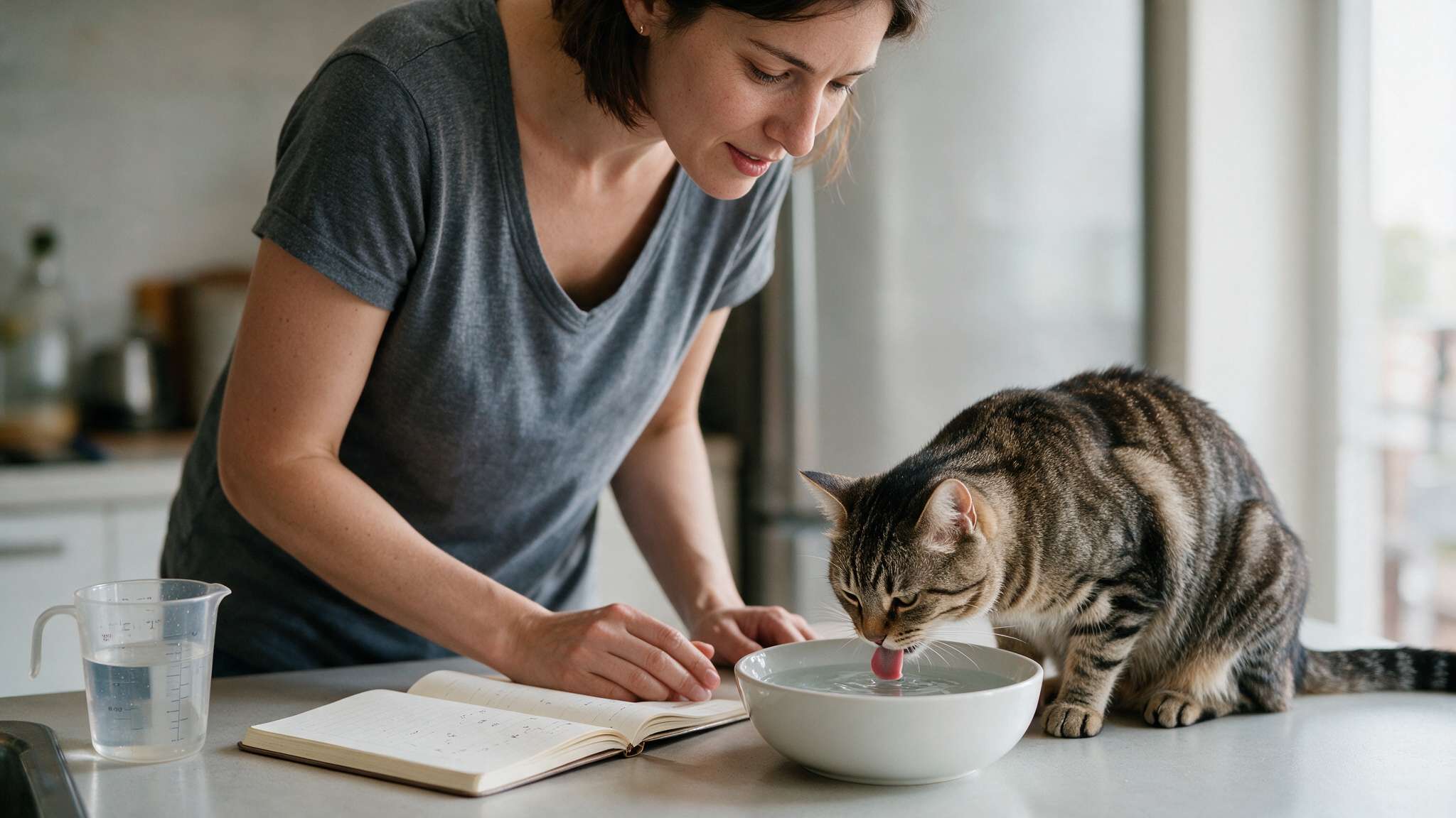 cat drinking from a bowl while owner measures water intake at home with notebook tracking hydration habits