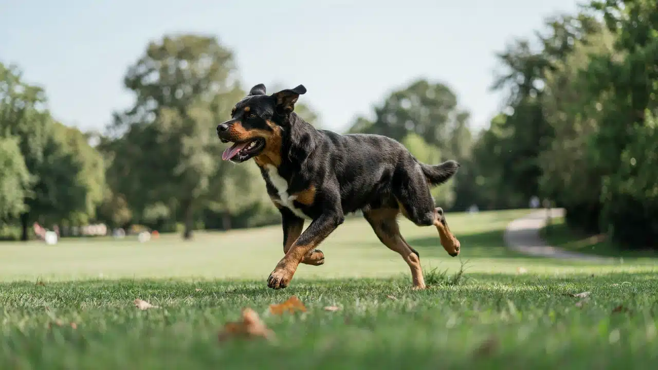 adult pitweiler dog running across grass in a park showing its muscular build and athletic movement