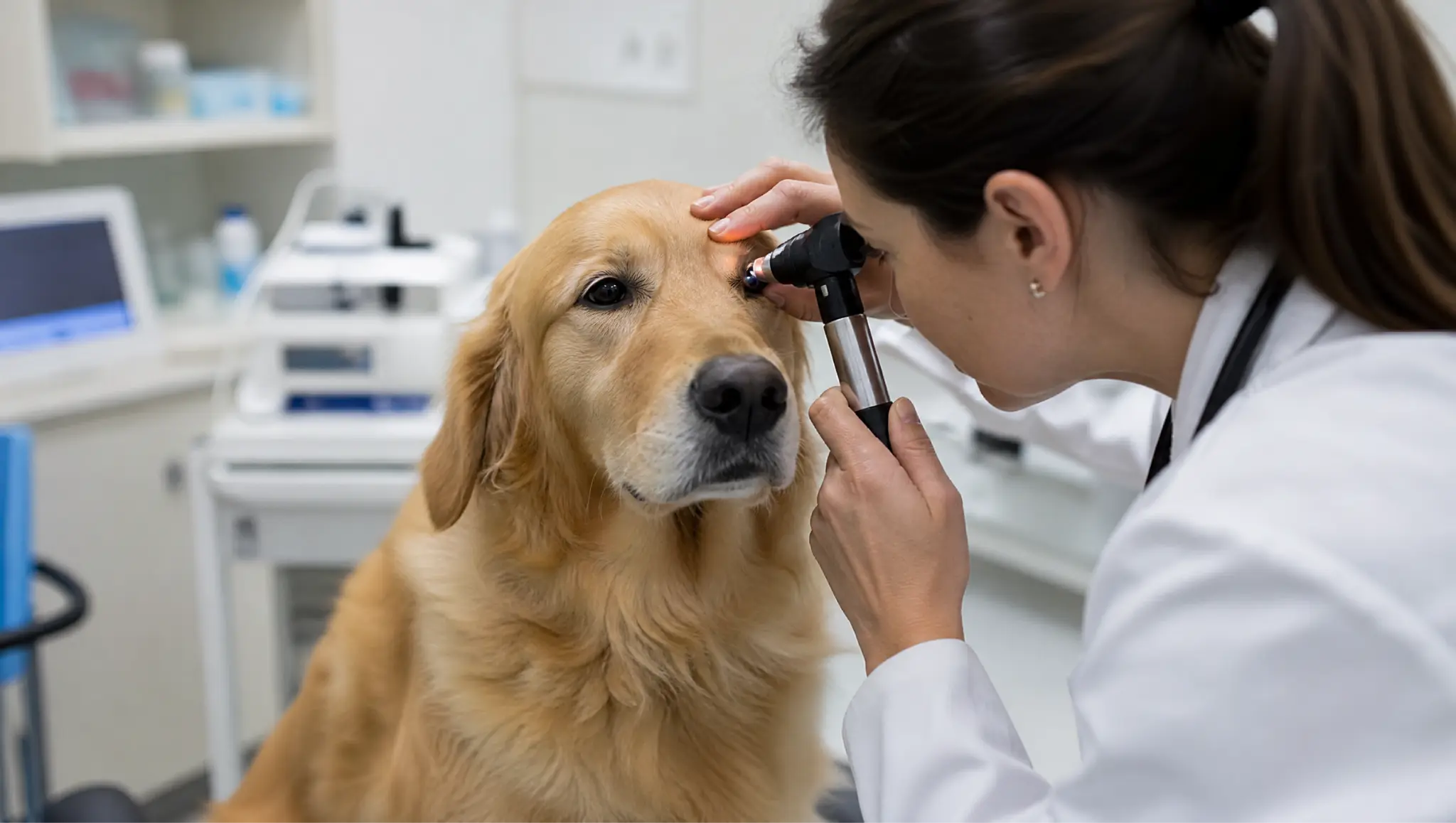 veterinarian examining a golden retriever eye with a handheld tool during a realistic clinic examination