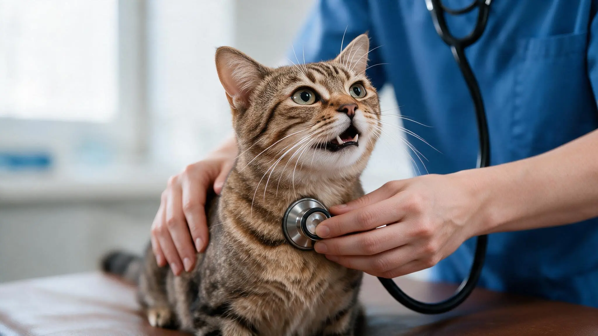 veterinarian checking cat breathing effort with stethoscope during asthma examination
