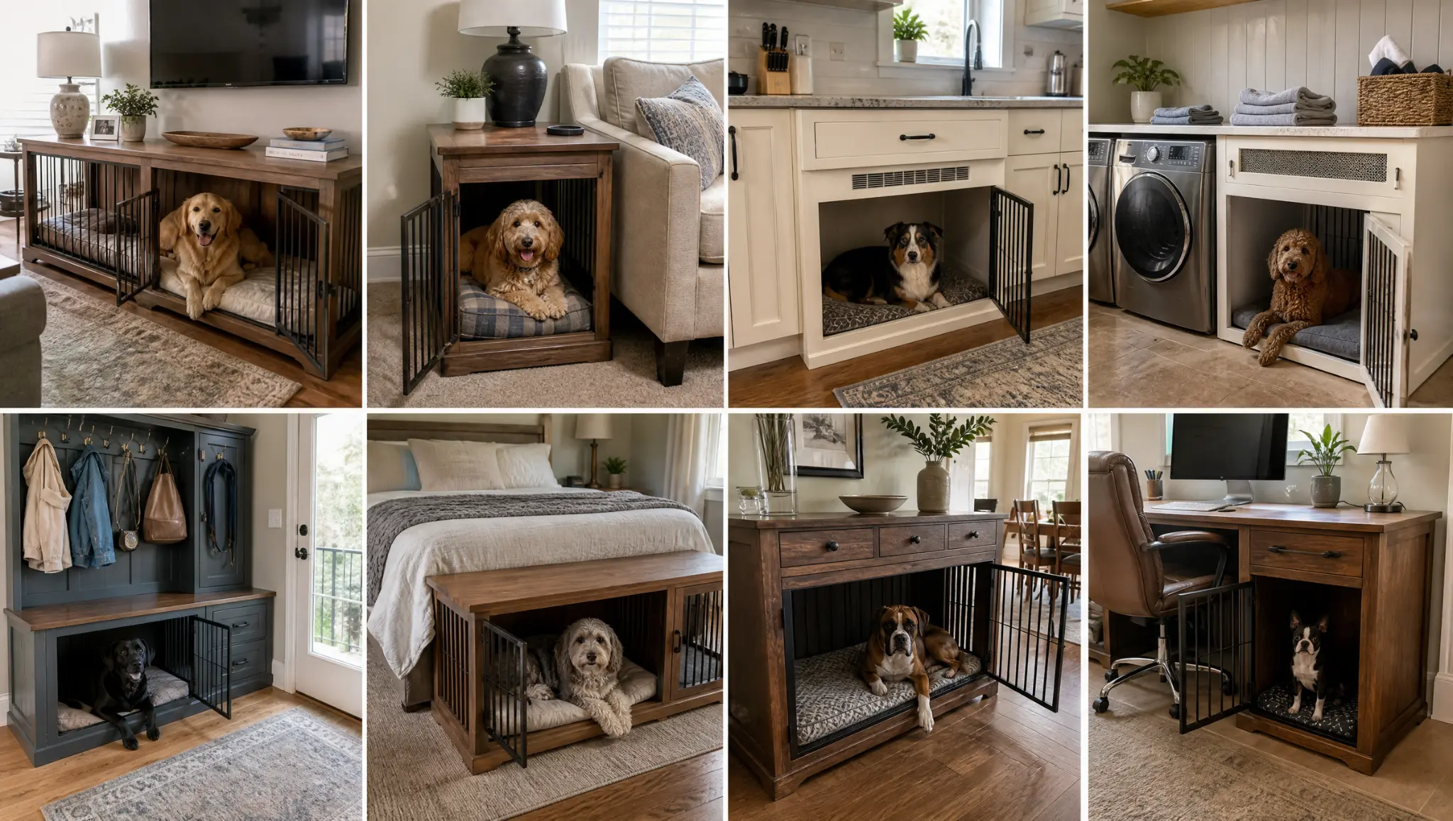 eight indoor furniture kennels placed in living room bedroom kitchen laundry mudroom dining room and office