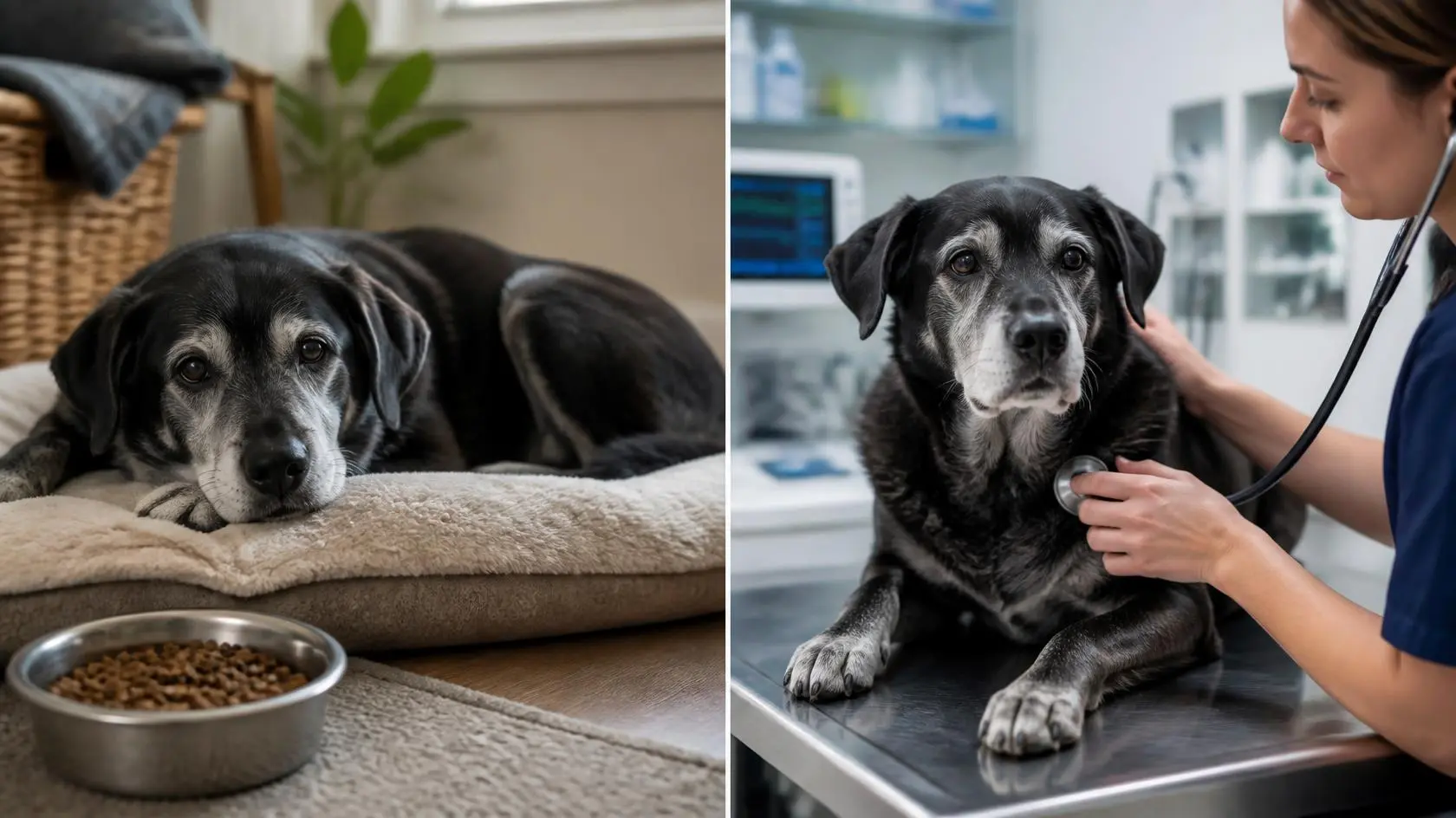 Senior black dog resting by an untouched food bowl at home, then being examined by a vet with a stethoscope at a clinic