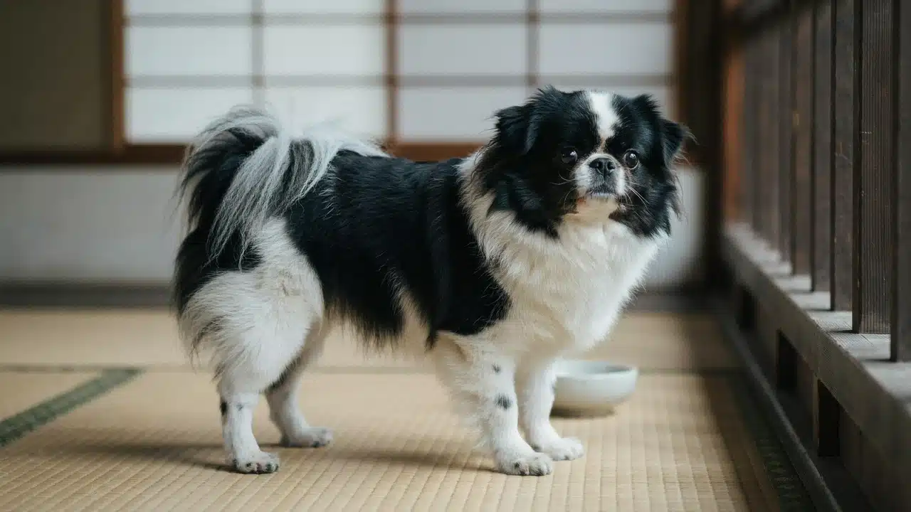 adult japanese chin standing outdoors with a silky black and white coat short muzzle and plumed curved tail