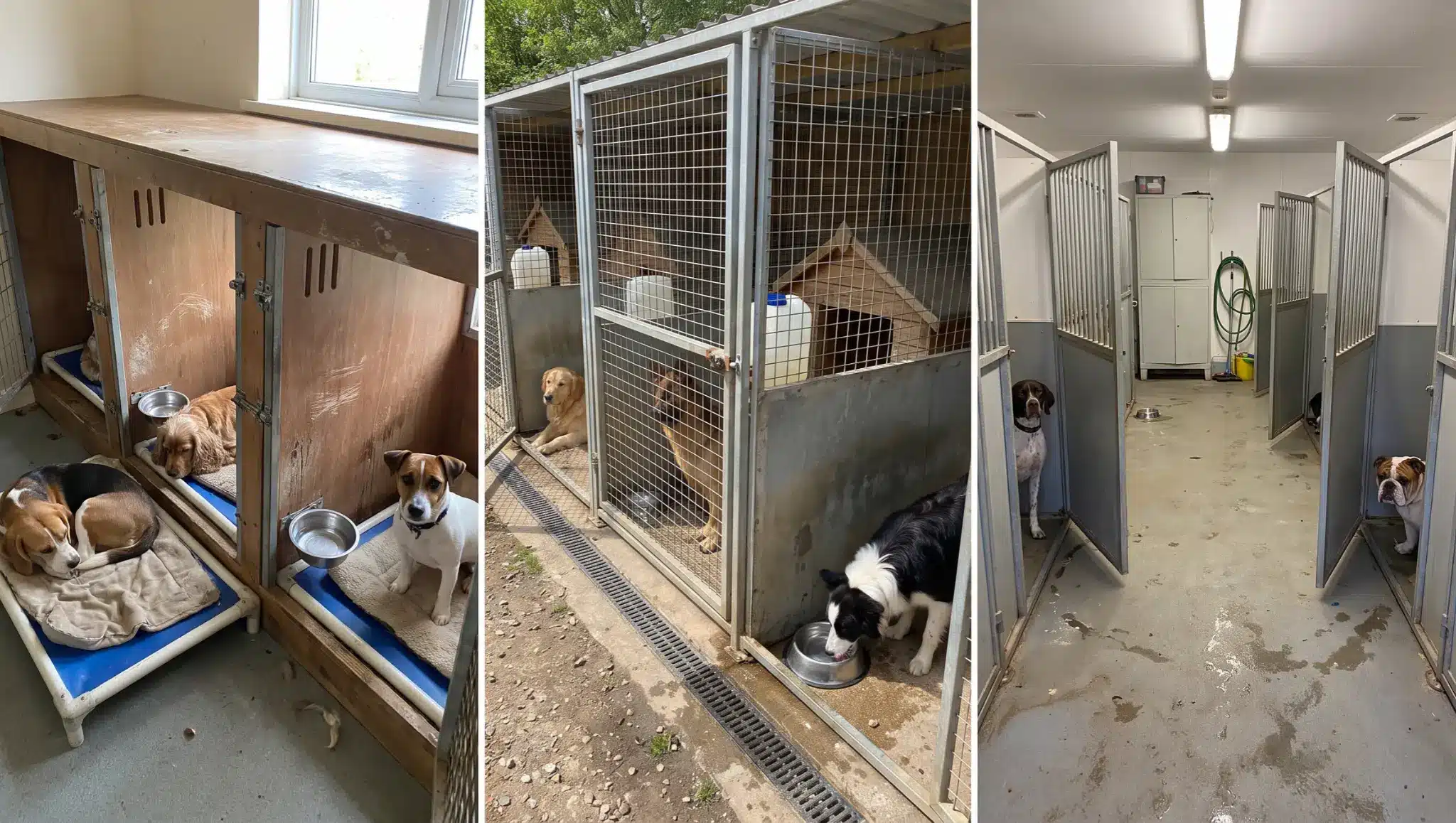 three kennel layouts showing indoor dog bays divided outdoor runs and a central aisle with separate gates