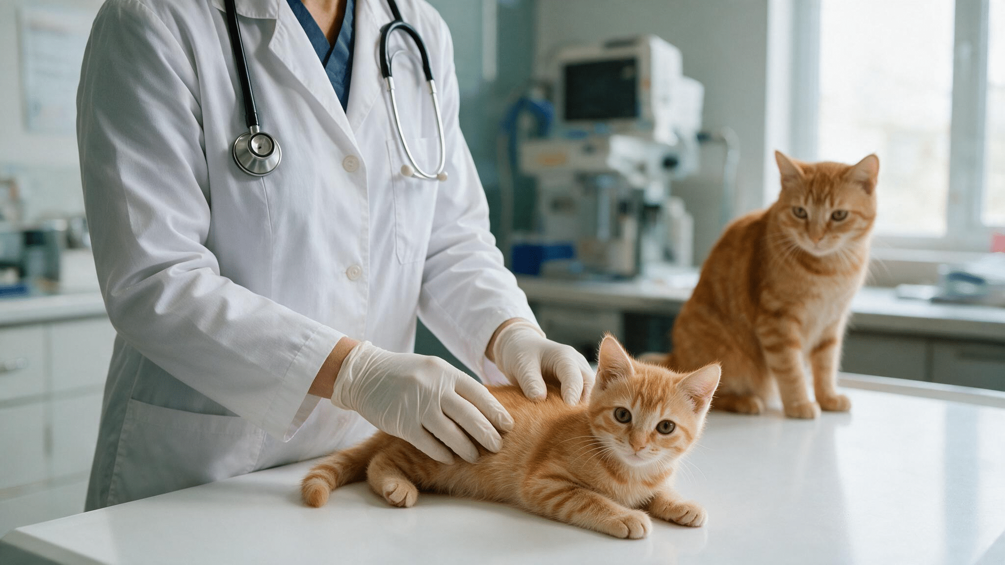 veterinarian gently examining kittens on a clinic table during an early health assessment and care visit