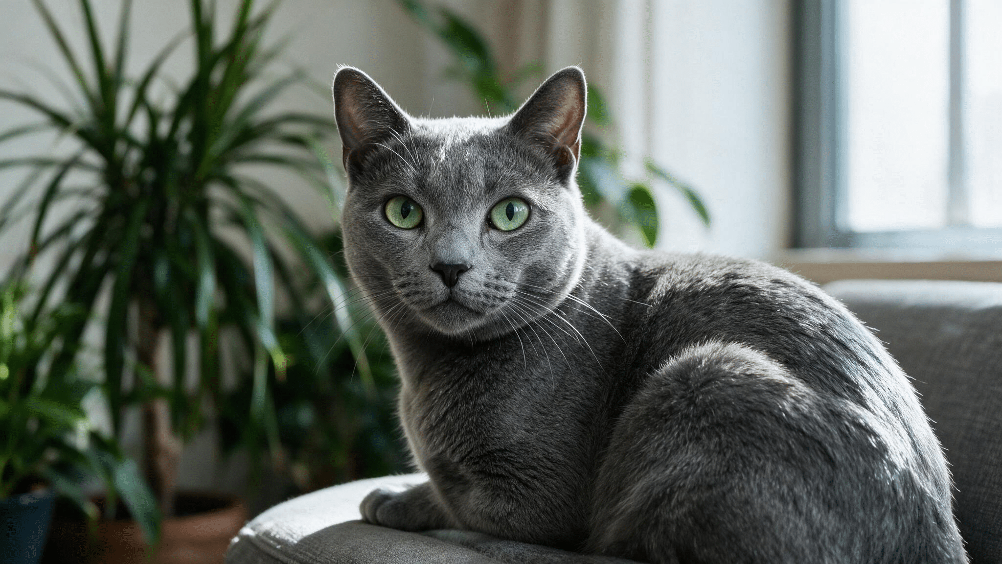 korat cat with vivid green eyes and a silver blue coat resting near houseplants in a softly lit apartment by a window