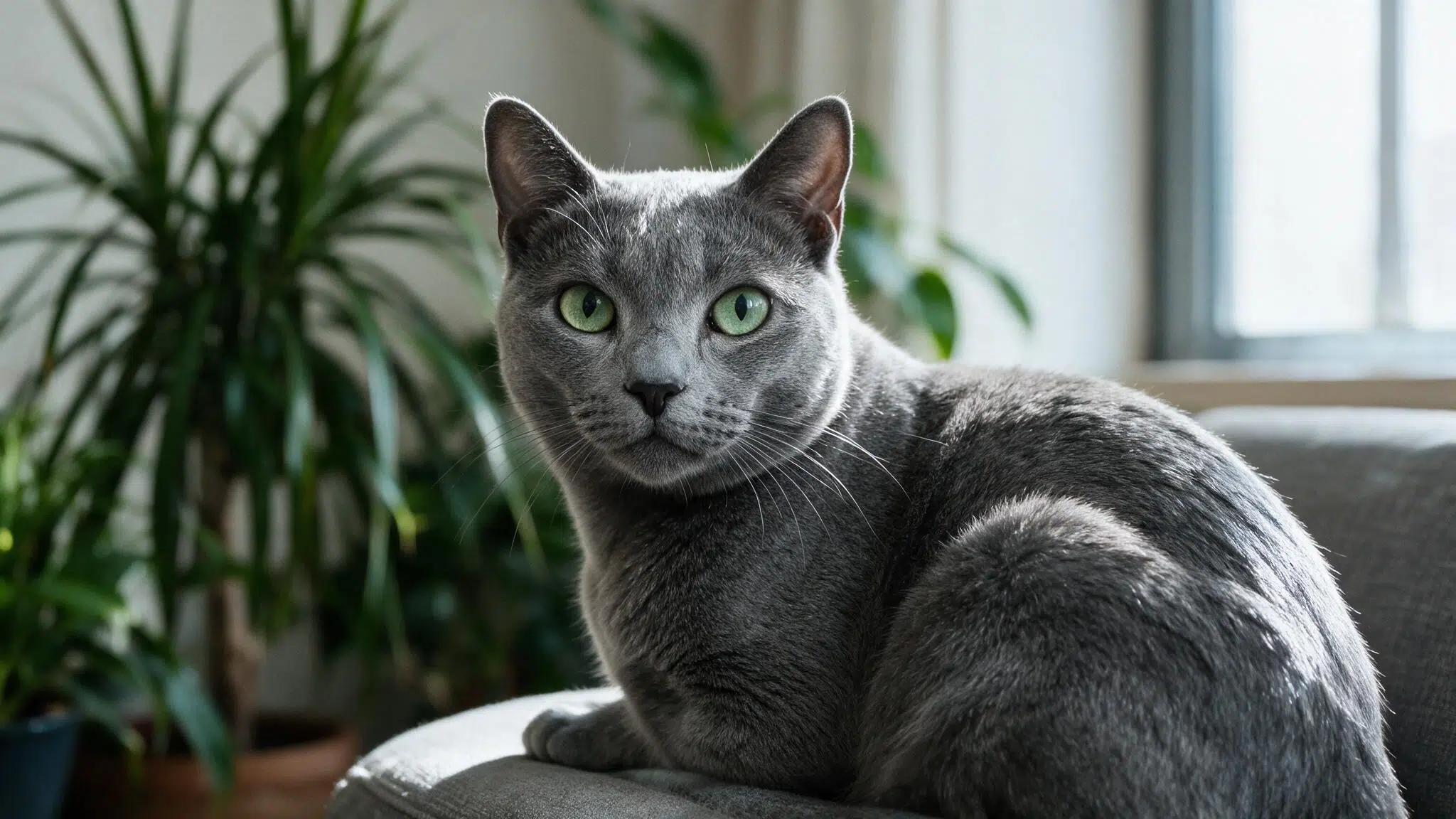 korat cat with vivid green eyes and a silver blue coat resting near houseplants in a softly lit apartment by a window