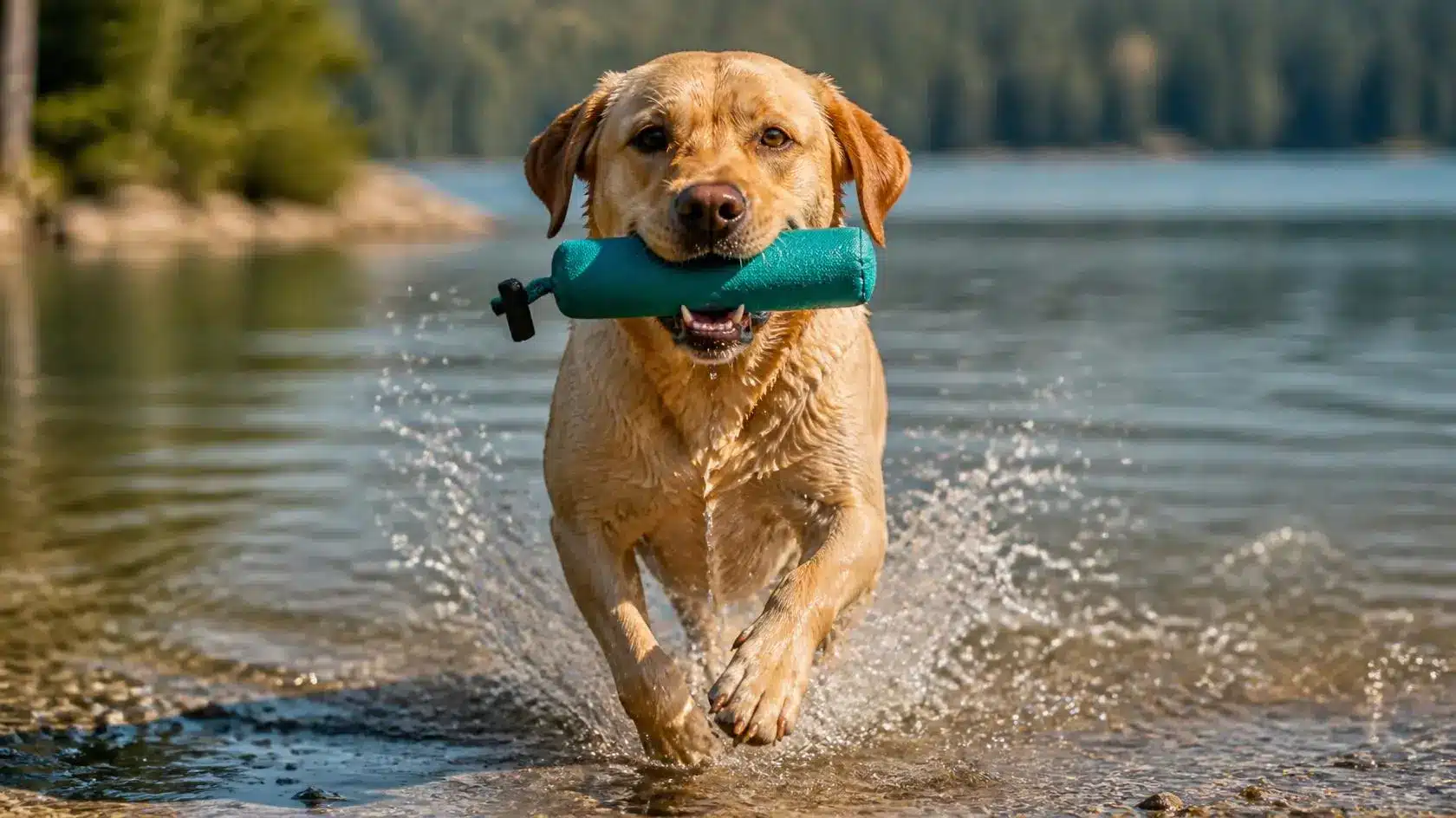 Wet yellow Labrador Retriever splashes out of a lake carrying a teal retrieving toy, forested shoreline in the background.