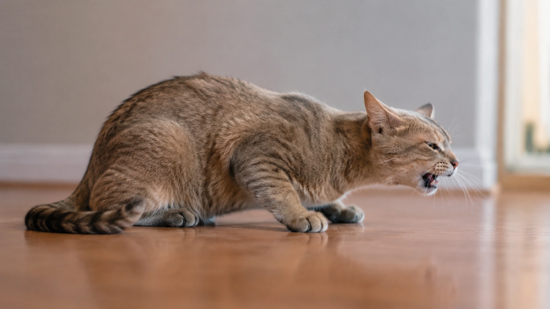 cat crouching low with extended neck showing possible asthma breathing posture