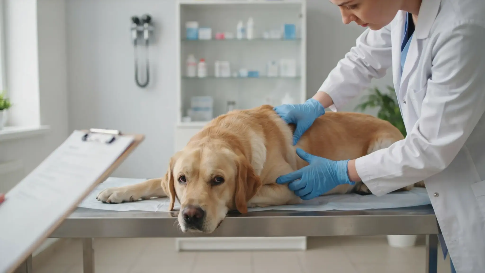 A gloved veterinarian carefully palpates a lethargic golden retriever's abdomen and lymph nodes on an exam table.