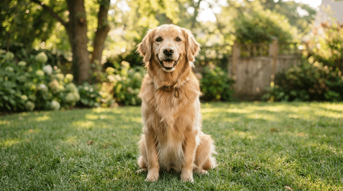 Golden Retriever sitting on green grass in a backyard, smiling with its tongue out on a sunny day