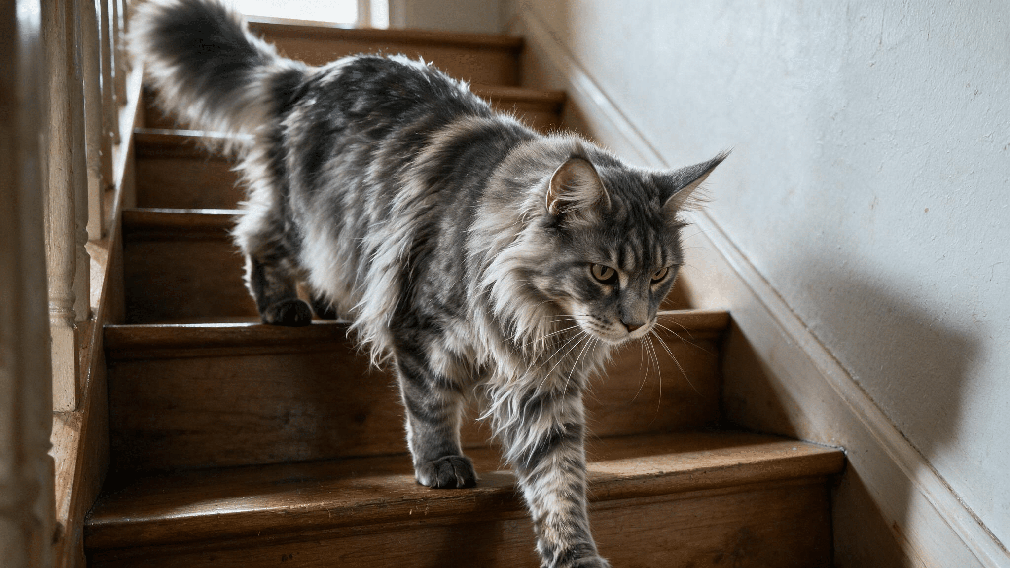 grey silver maine coon with tufted ears and a bushy tail walking down a weathered wooden staircase in natural indoor light