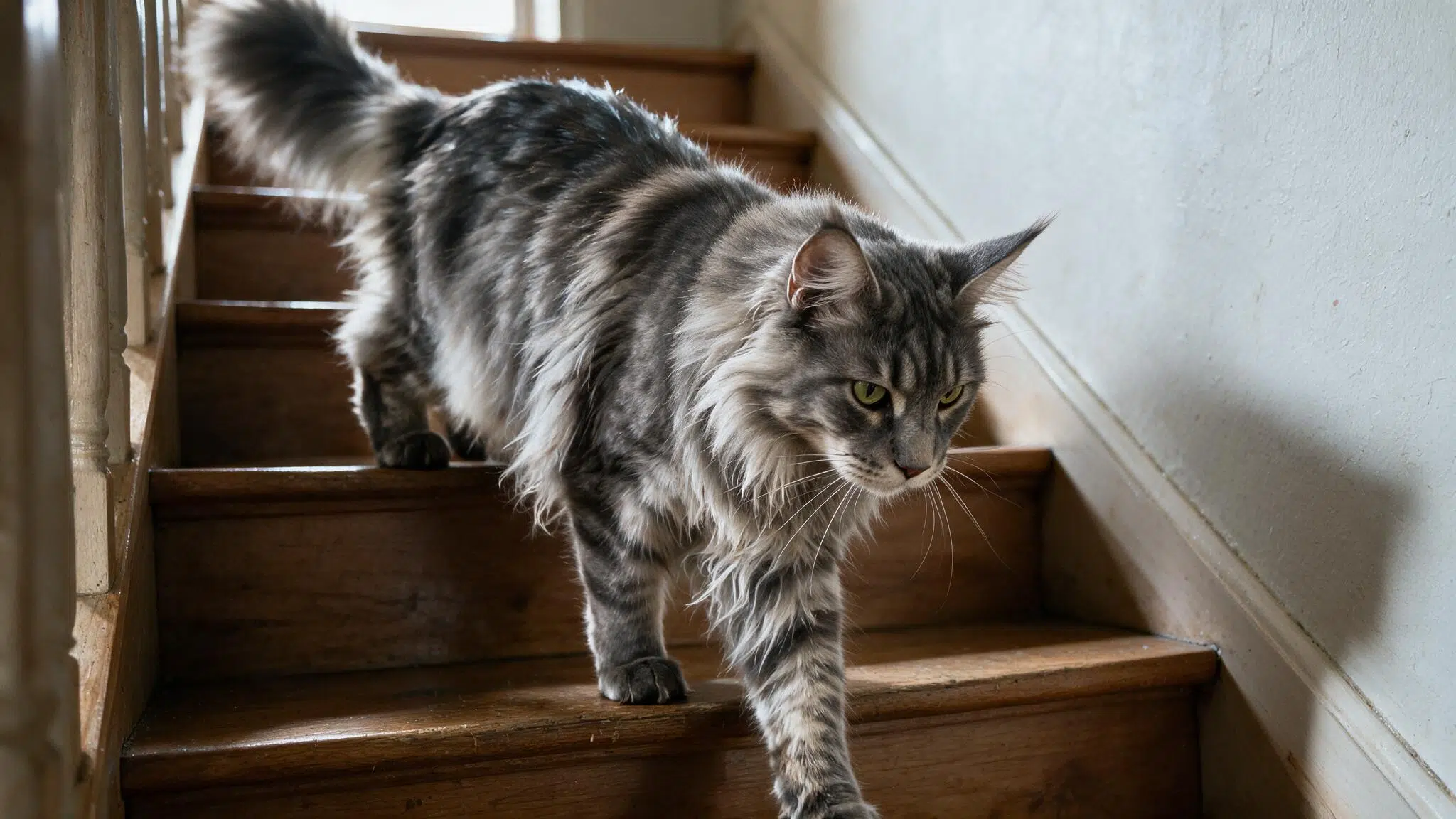 grey silver maine coon with tufted ears and a bushy tail walking down a weathered wooden staircase in natural indoor light