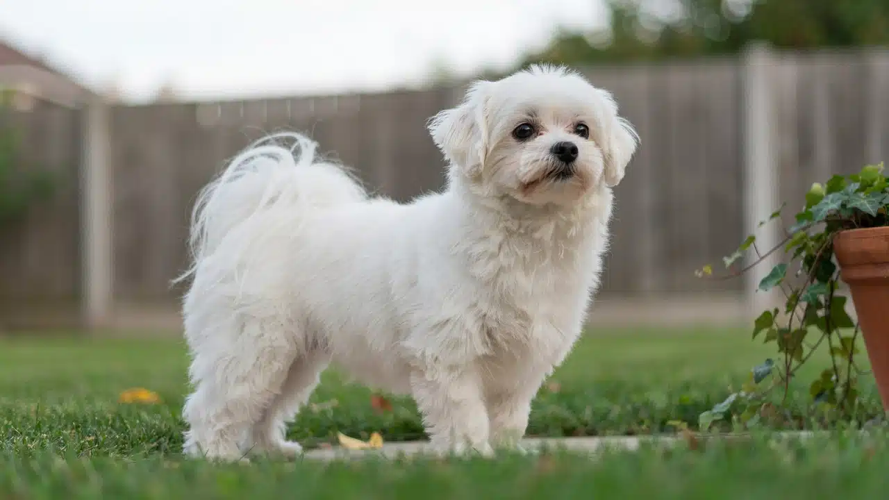 adult maltese standing outdoors with a long flowing white silky coat dark round eyes and small compact body