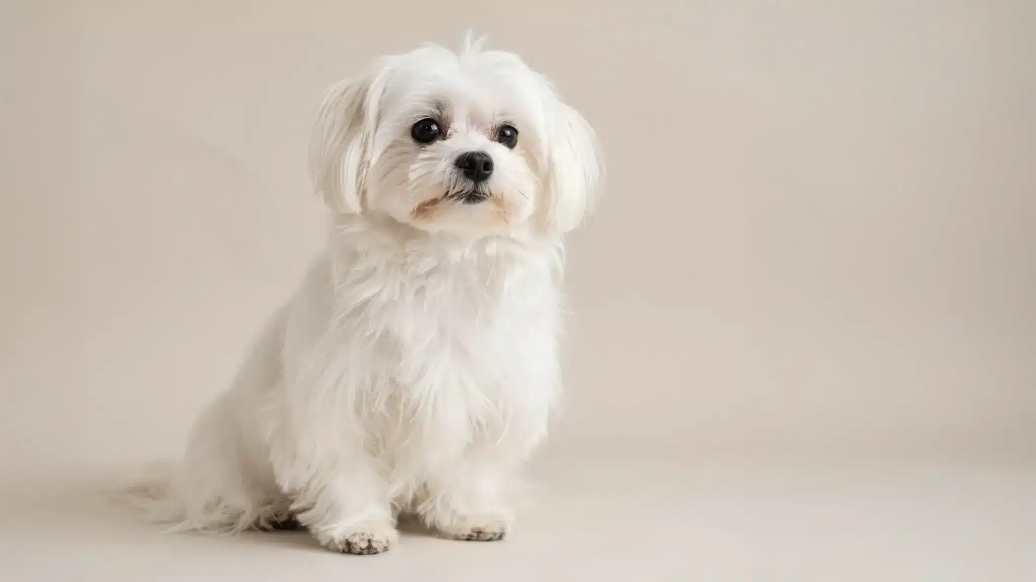 Maltese with pure white silky fur and dark button eyes, sitting against a beige studio background