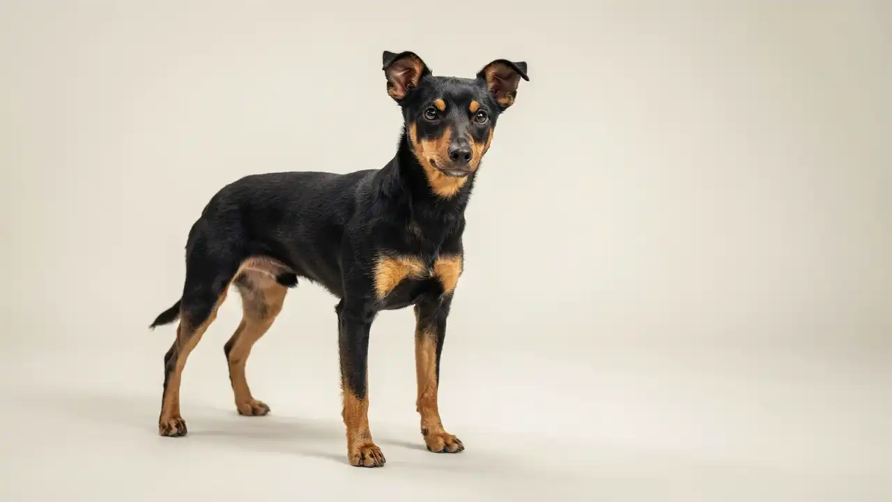 adult toy manchester terrier standing outdoors with a sleek black and tan coat slim legs and athletic build