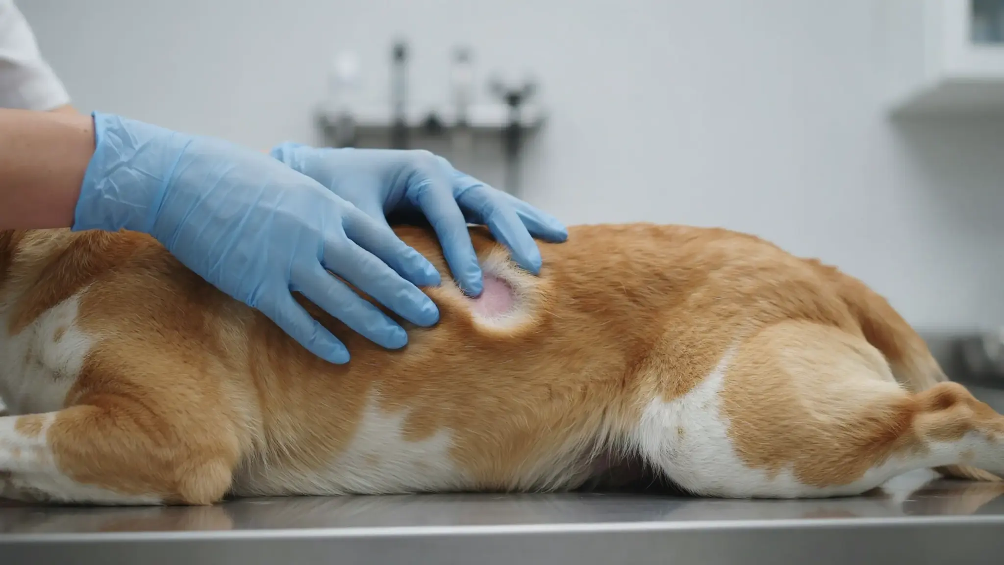 A gloved veterinarian closely examines a raised, reddened skin lump on a dog's side, checking for a mast cell tumor.