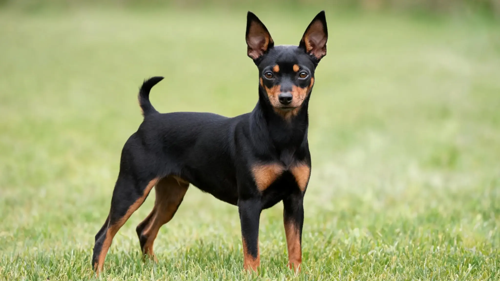 adult miniature pinscher standing outdoors with a smooth black and rust coat erect ears and compact athletic body
