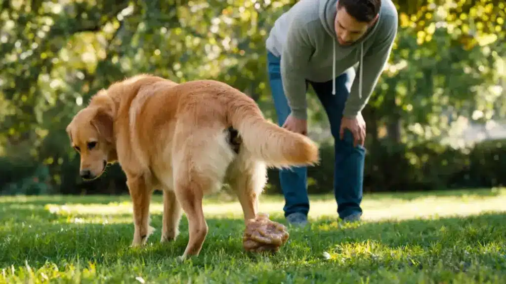 golden retriever squatting outdoors with owner observing mucus in dog poop symptoms