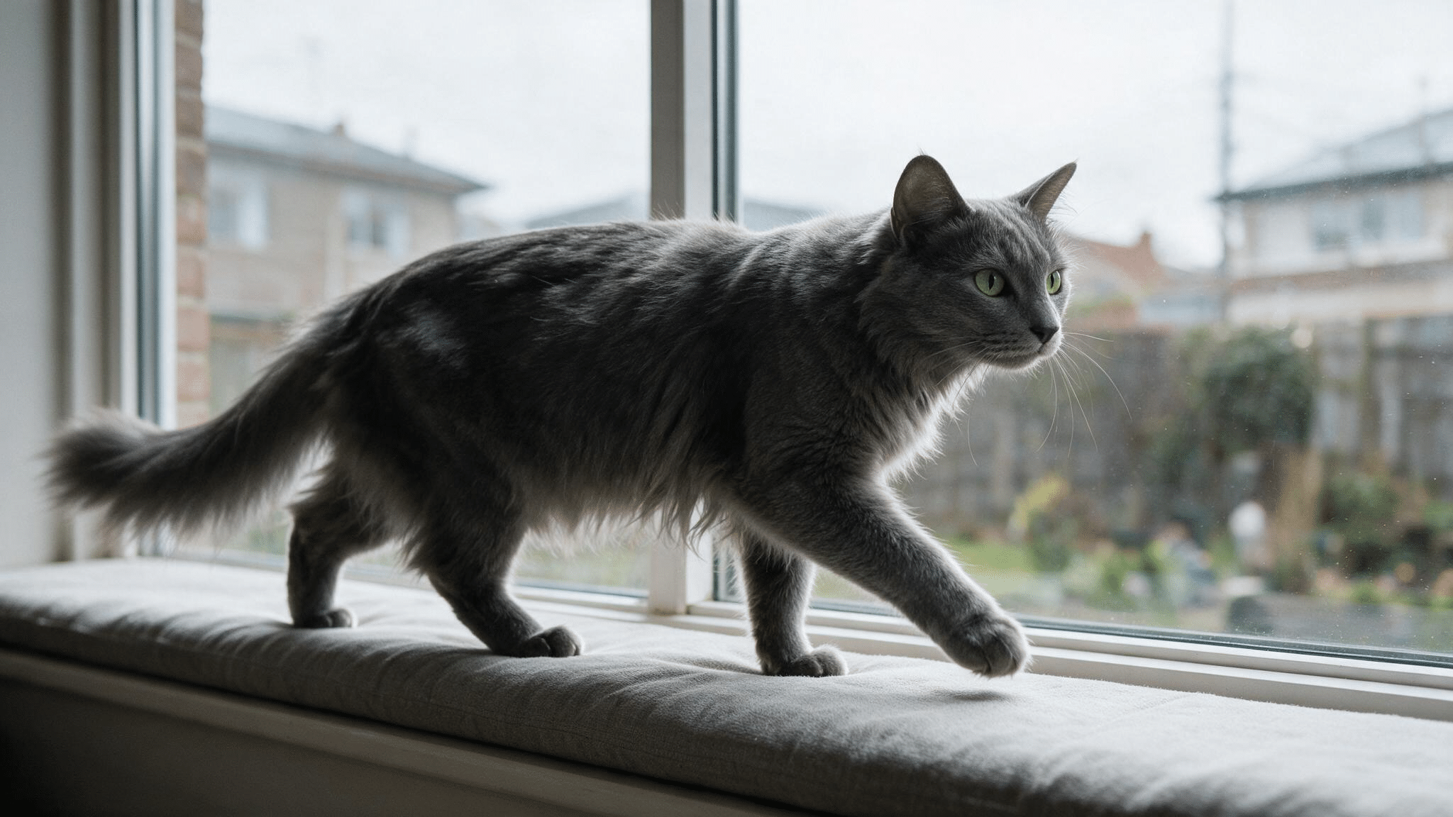 nebelung cat with green eyes and a flowing blue grey coat walking across a window seat in soft natural morning daylight