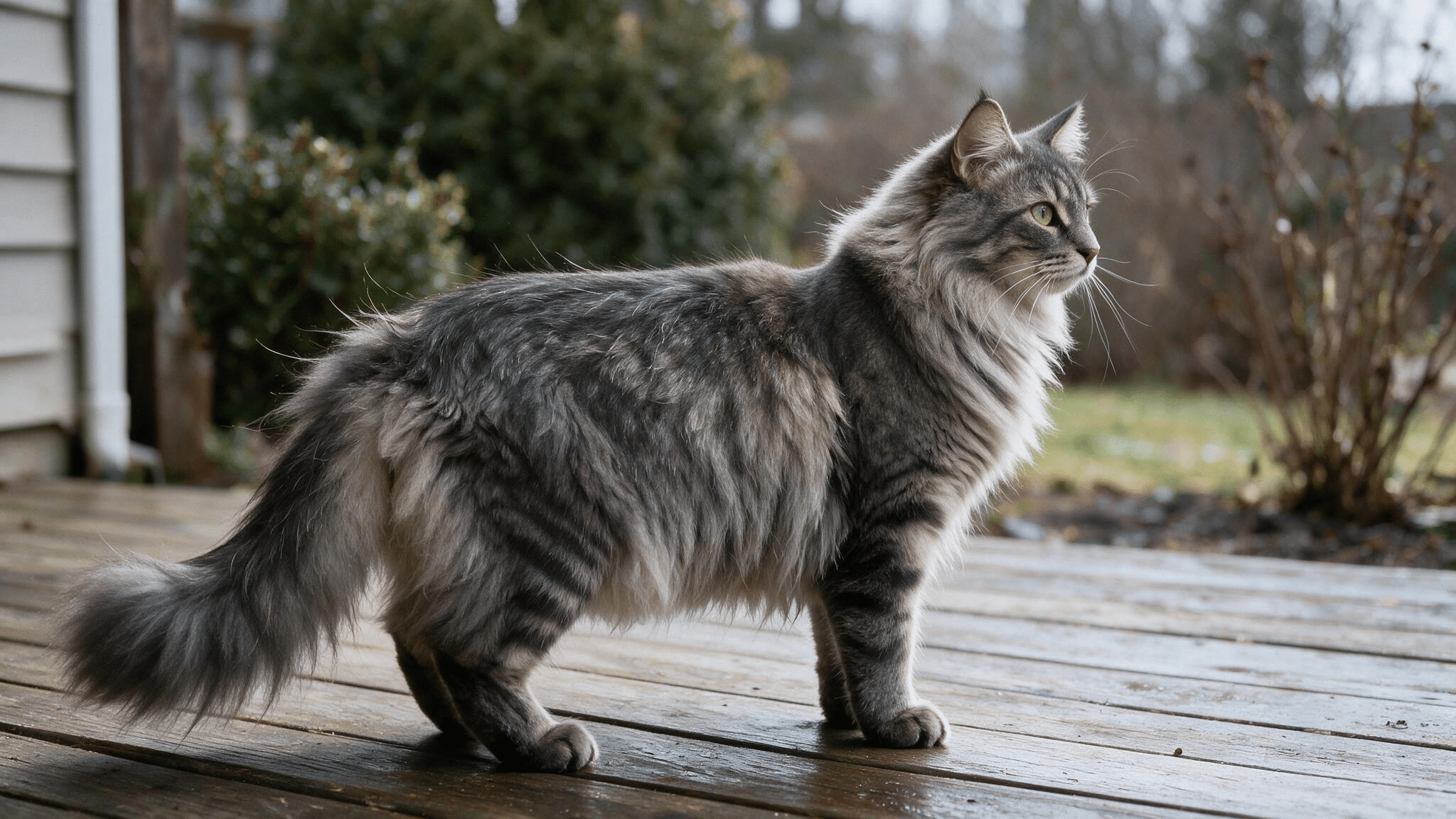 grey norwegian forest cat with a thick coat and bushy tail standing on a weathered wooden porch in cool outdoor daylight