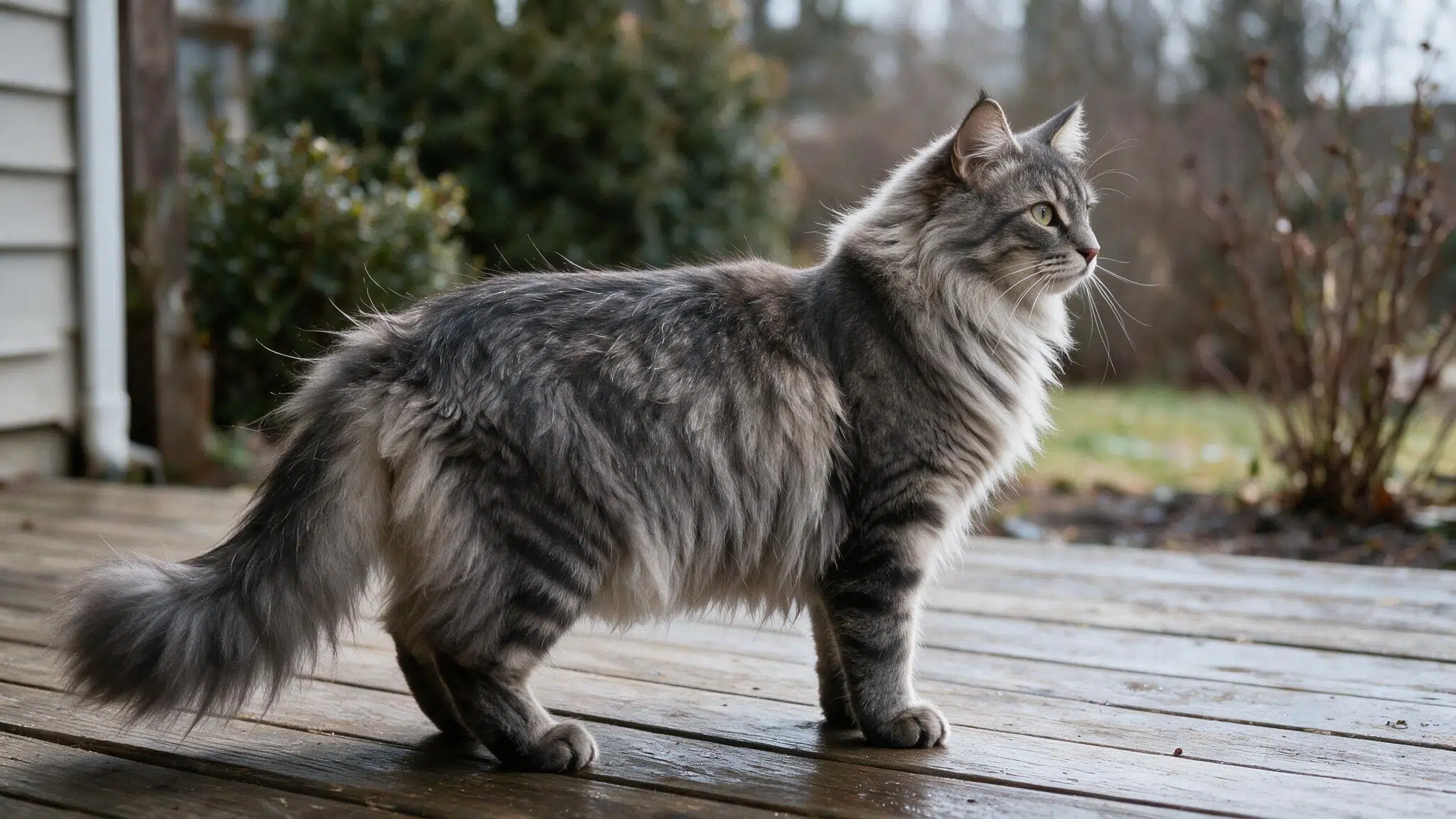 grey norwegian forest cat with a thick coat and bushy tail standing on a weathered wooden porch in cool outdoor daylight