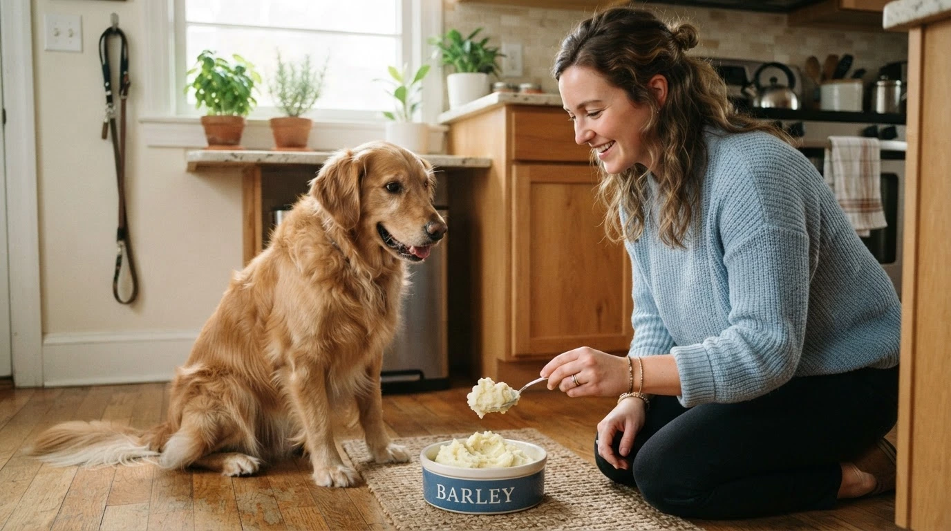 woman serving small amount of mashed potatoes to dog in bowl at home