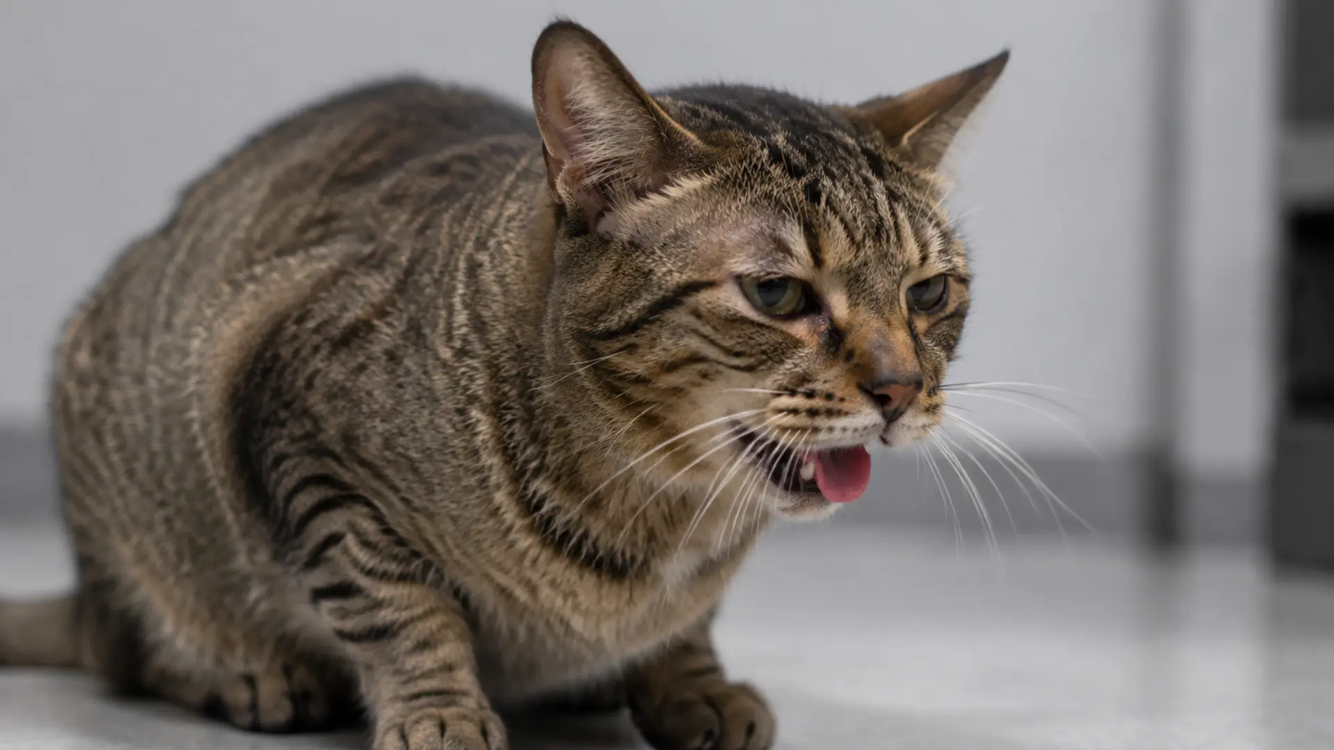 cat sitting with mouth open and tongue out showing possible breathing distress from asthma symptoms