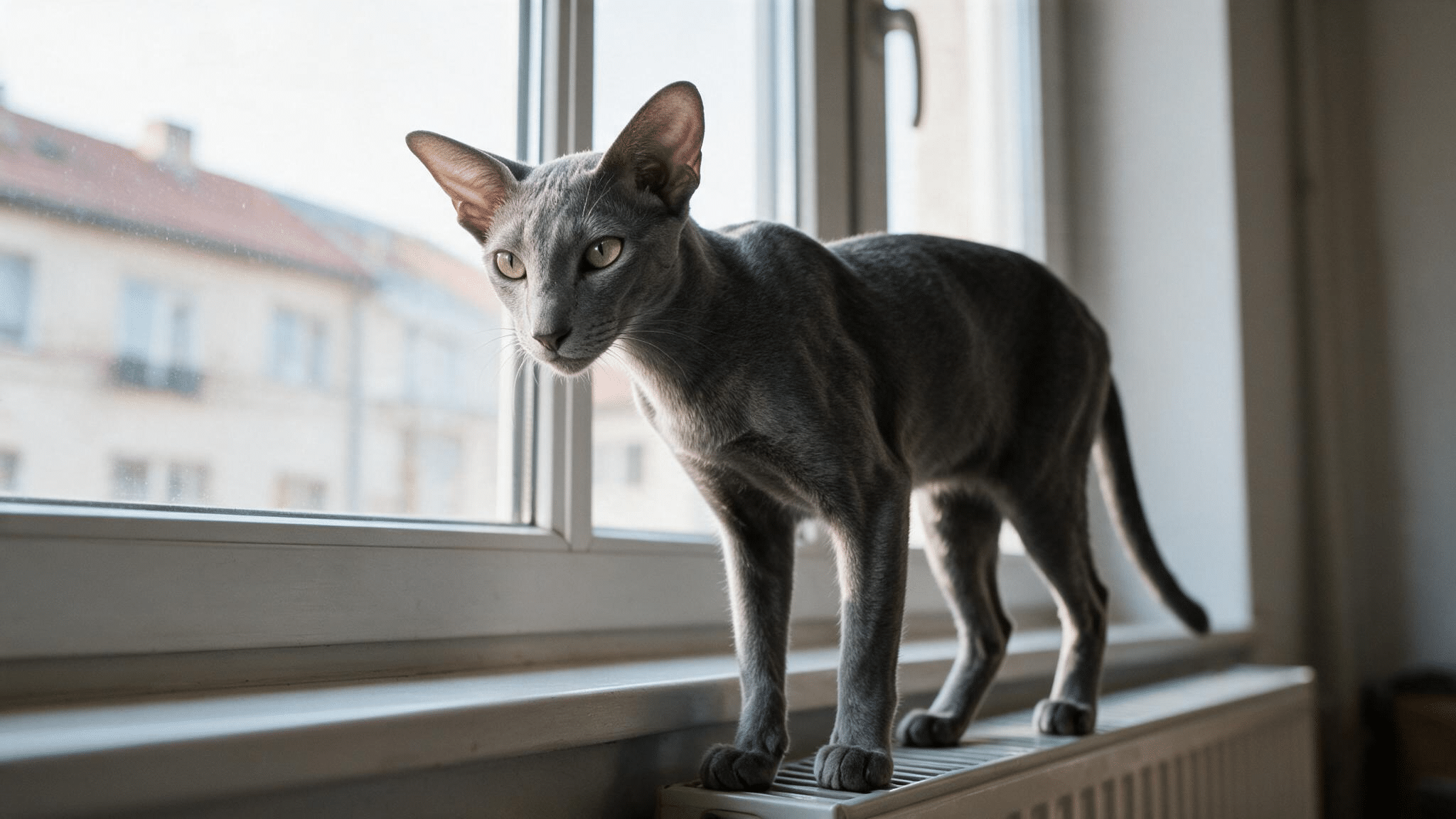blue oriental shorthair with a slender body large ears and green eyes standing on a narrow window bench in natural daylight