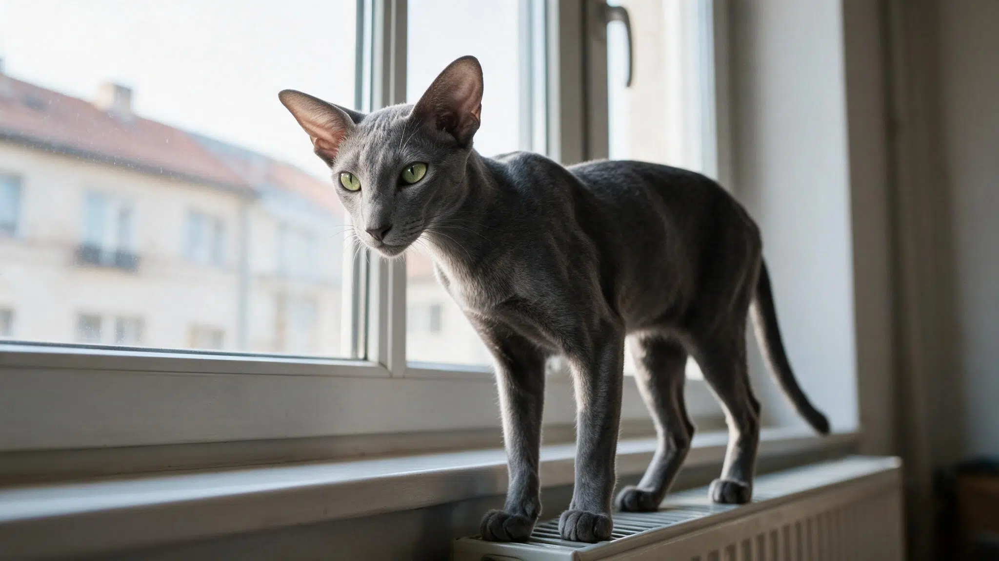 blue oriental shorthair with a slender body large ears and green eyes standing on a narrow window bench in natural daylight