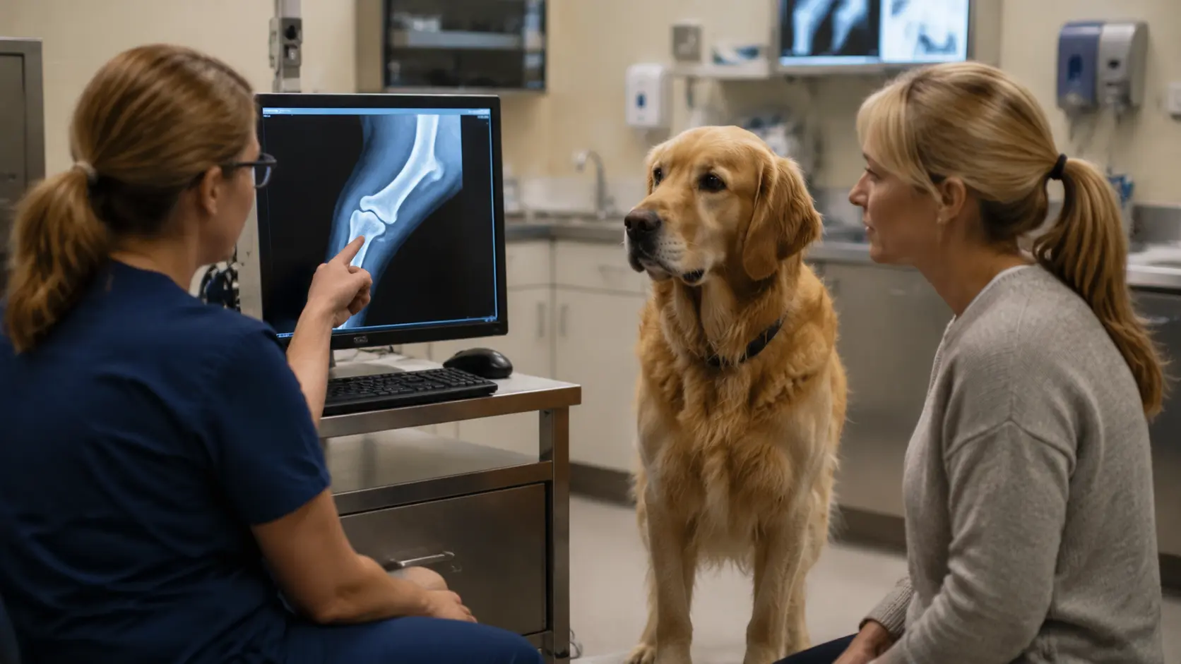 A veterinarian points to a leg X-ray on a monitor, discussing possible bone cancer with a golden retriever's owner