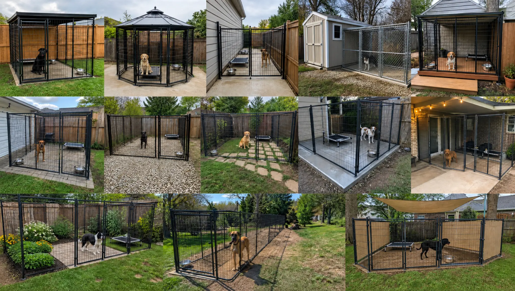collage of outdoor dog kennels with covered runs varied flooring raised beds secure gates and shaded yards
