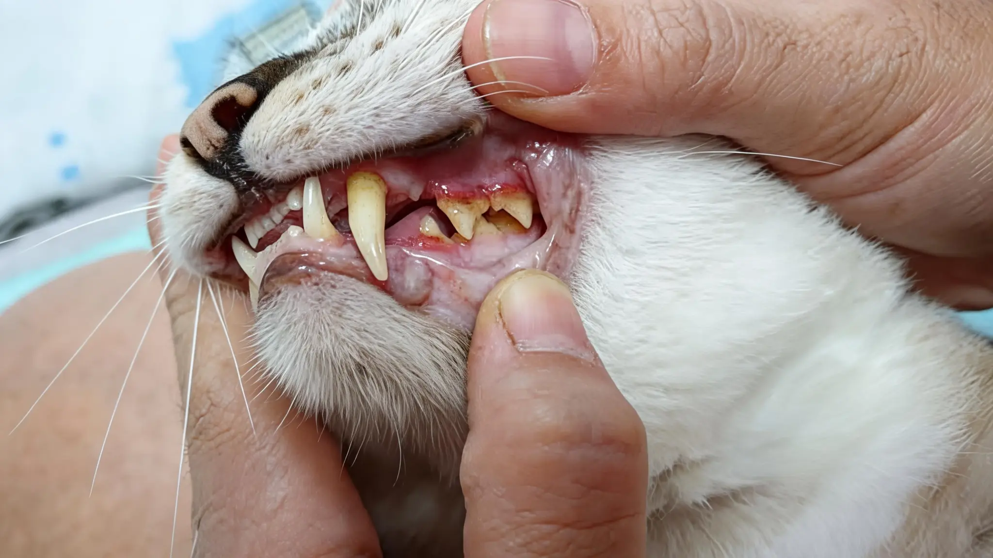 close up of a cats pale gums and teeth being examined for possible anemia during a veterinary checkup