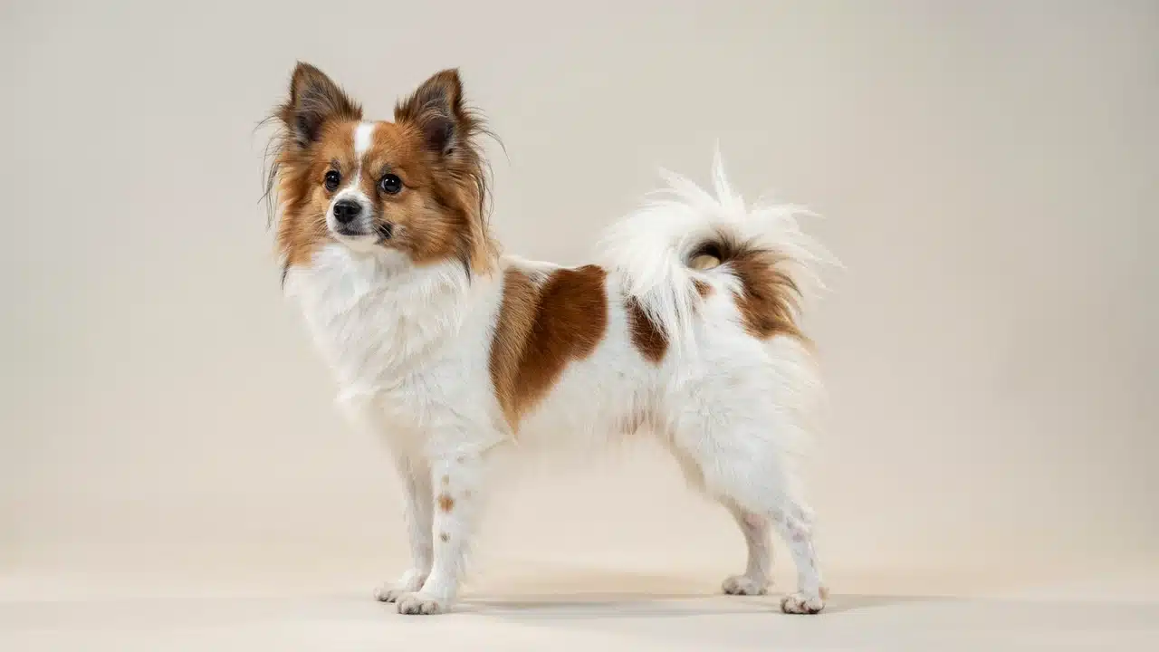adult papillon standing outdoors with large butterfly shaped fringed ears white coat and a long plumed tail