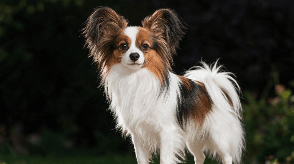 papillon standing outdoors with butterfly-shaped ears and a silky white brown and black coat