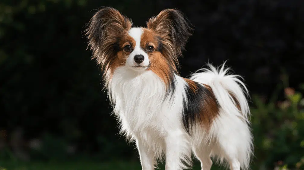 papillon standing outdoors with butterfly-shaped ears and a silky white brown and black coat