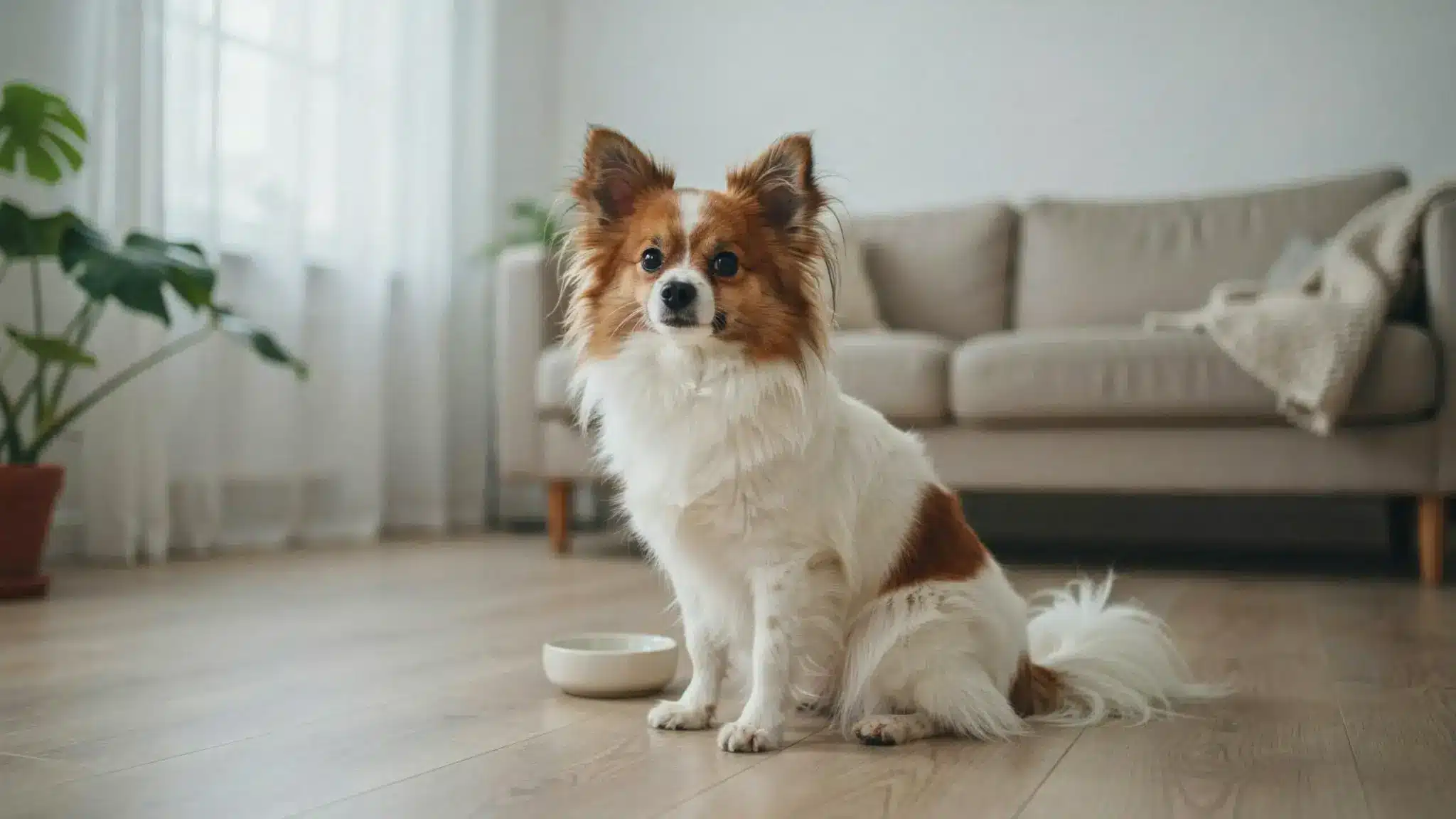 Papillon with distinctive butterfly-shaped ears sitting on a wood floor beside a food bowl
