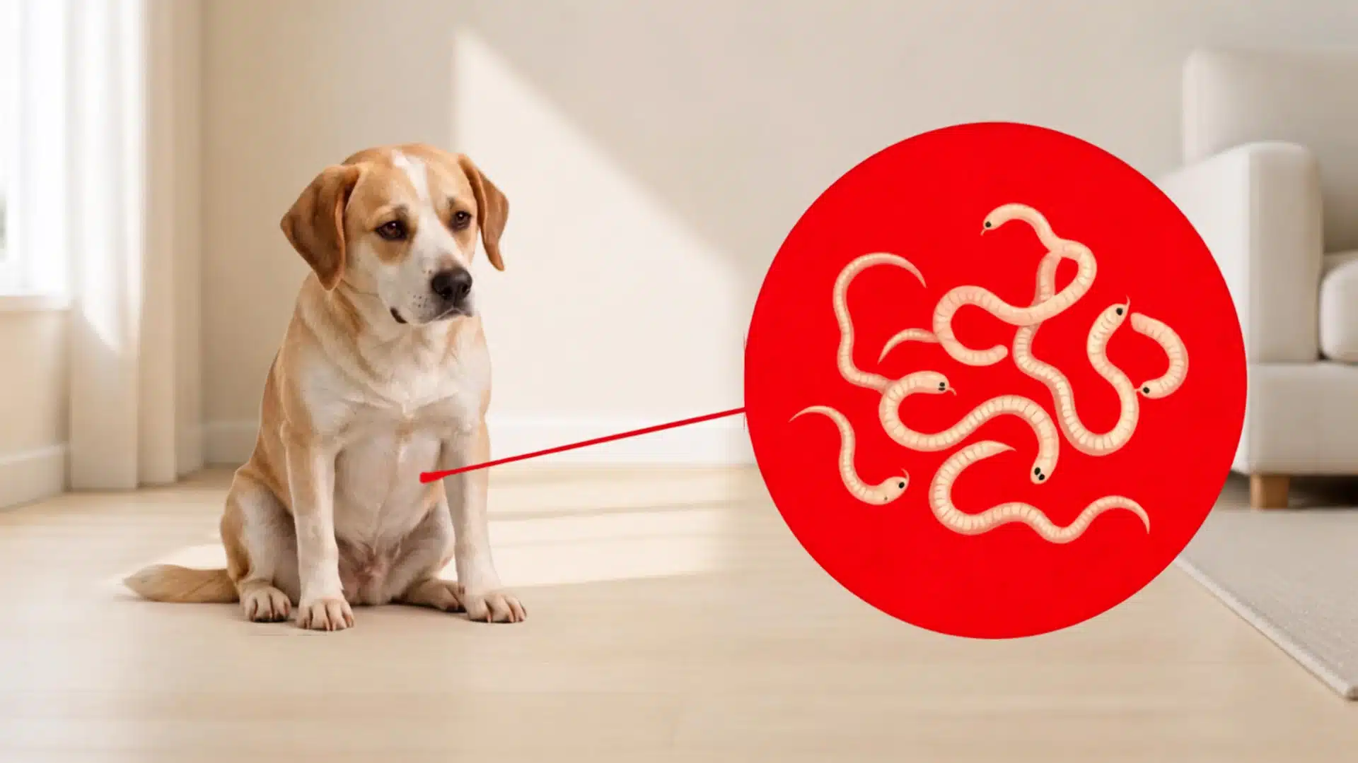 dog sitting indoors with parasite illustration showing possible intestinal worm infection concerns in pets