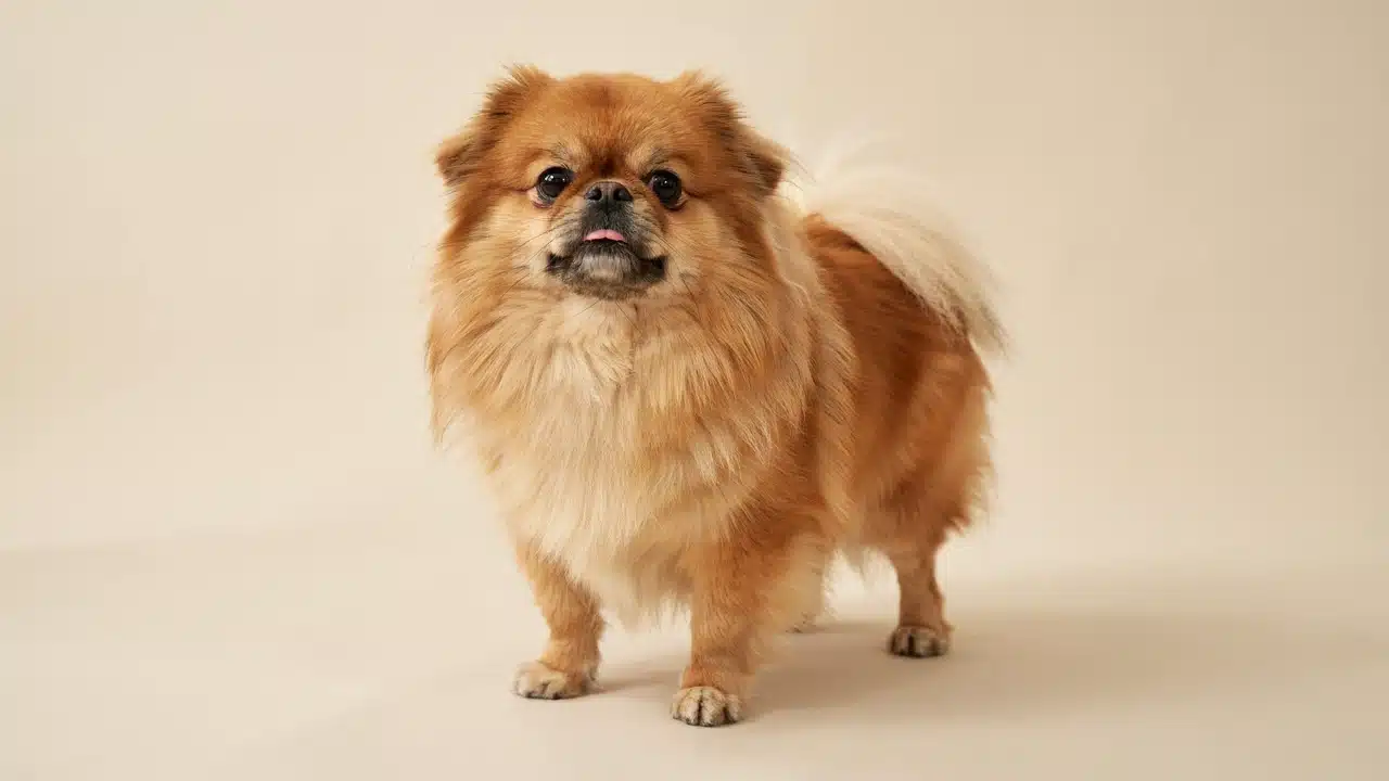 adult golden pekingese standing outdoors with a long heavy coat broad face short legs and full mane around its neck