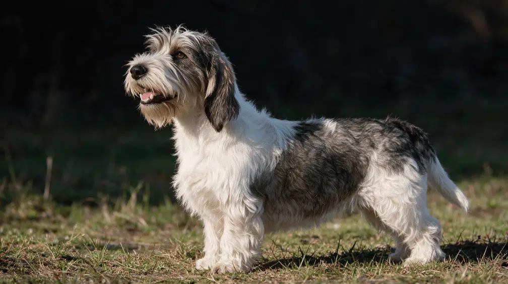 petit basset griffon vend&eacute;en standing on grass with a rough white and gray coat
