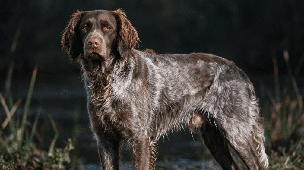 picardy spaniel standing outdoors with a wavy brown and gray speckled hunting coat