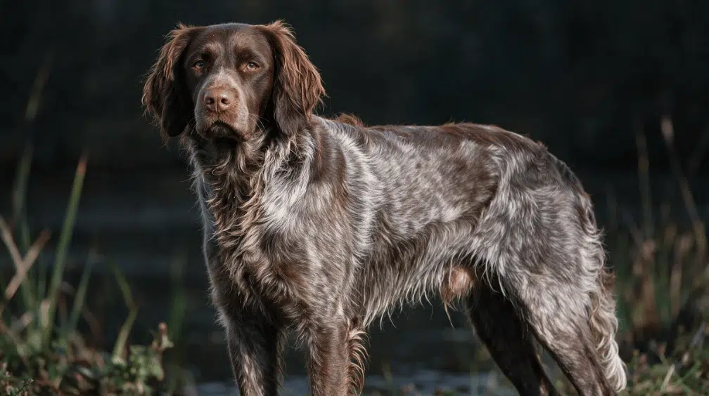 picardy spaniel standing outdoors with a wavy brown and gray speckled hunting coat