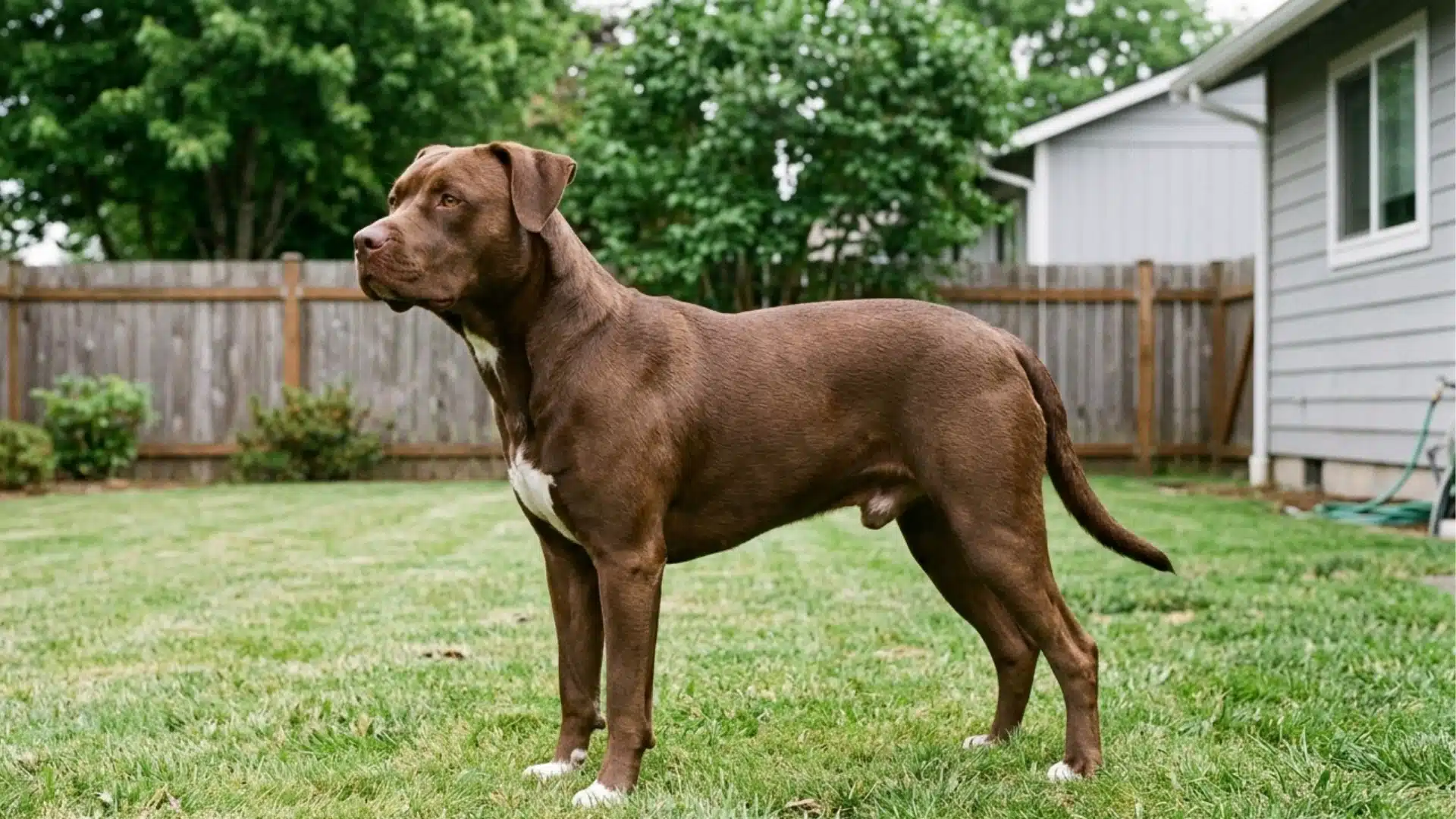 brown and white pitbull lab mix standing on a grassy backyard lawn beside a wooden fence