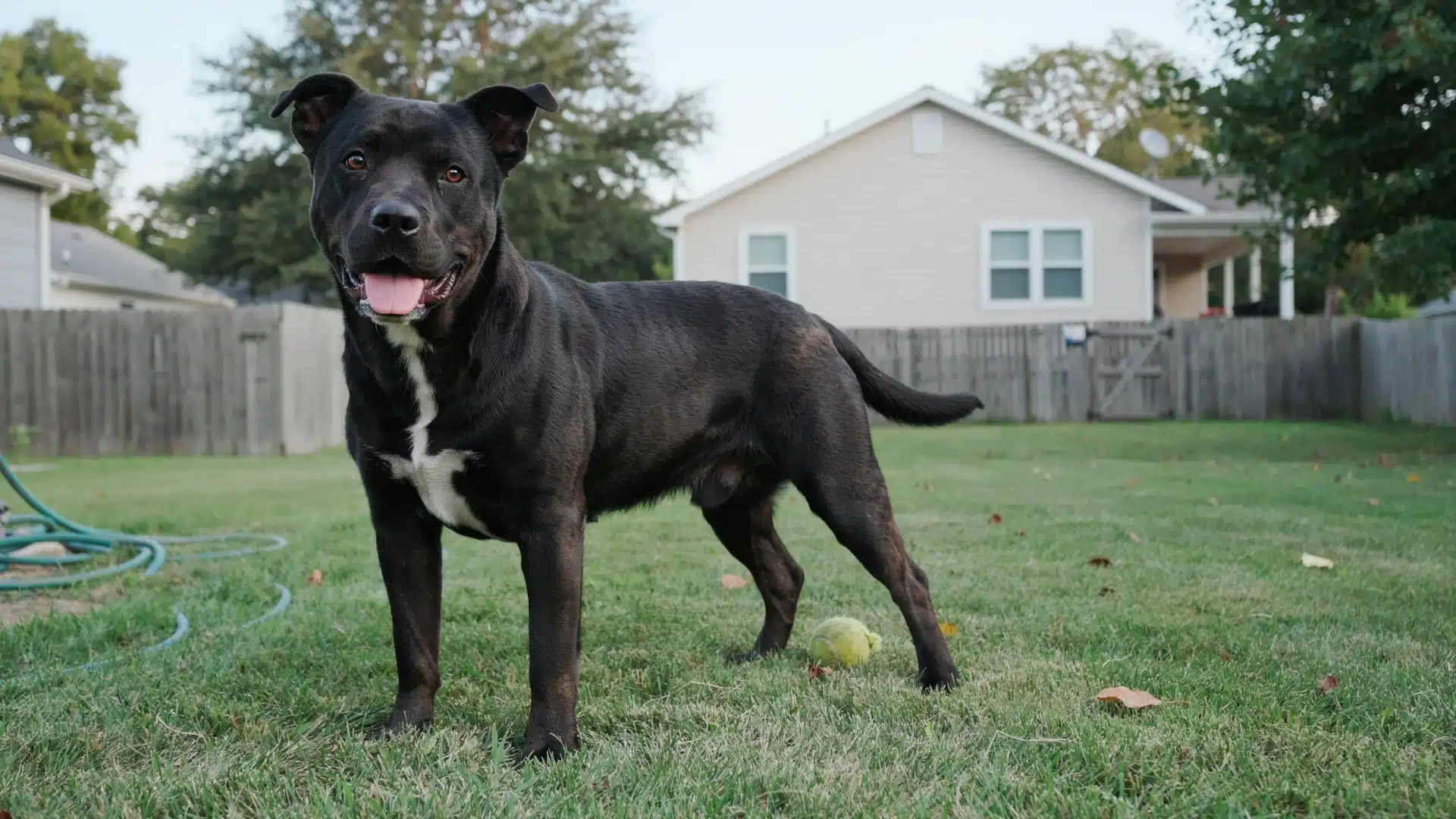 black pitbull lab mix standing on a grassy backyard lawn with a tennis ball nearby