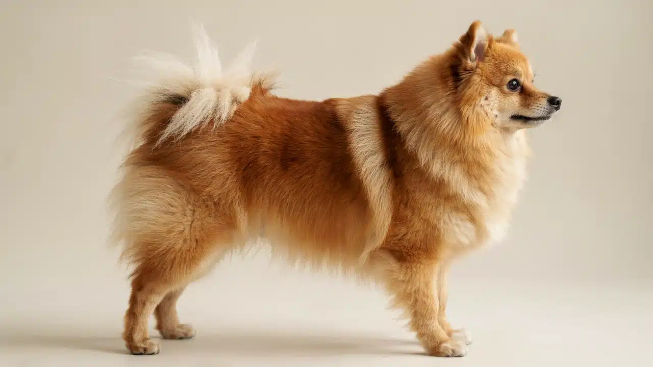 adult orange pomeranian standing outdoors with a fluffy double coat fox like face and plumed tail over its back